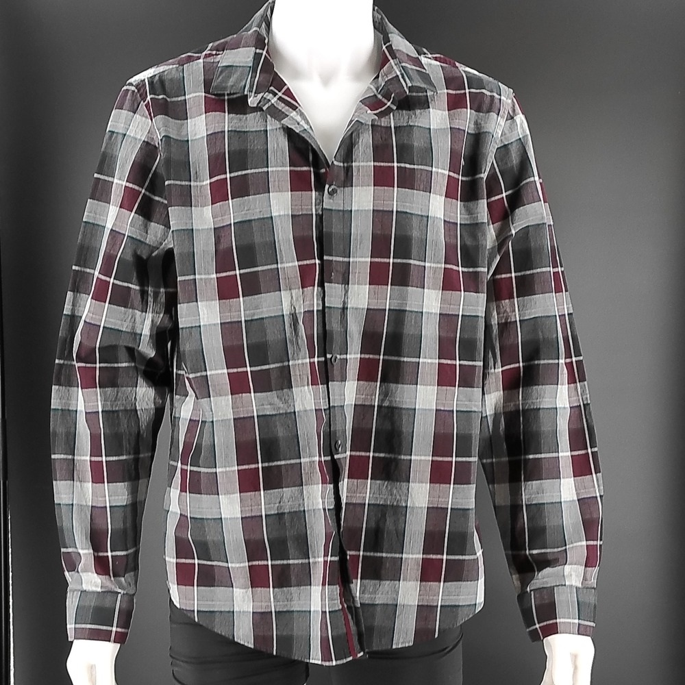Calvin Klein Liquid Cotton Plaid Button Down Shirt Mens XL Grey Burgundy L/S